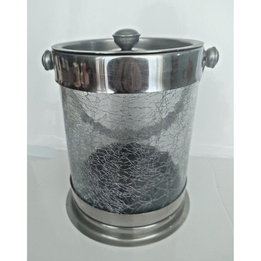 Cynthia Rowley Handled & Lidded Barware Ice Bucket Crackle Glass 7"